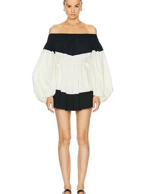 Caroline Constas Black and White Off-Shoulder Balloon Sleeve Mini Dress